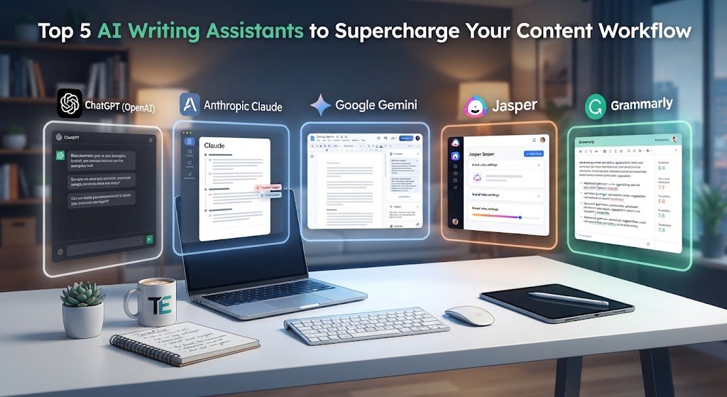 TechElvo featured image showcasing top 5 AI writing assistants comparison dashboard for digital publishers
