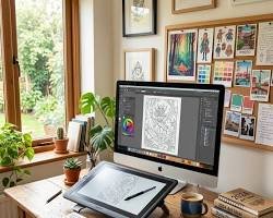 Best AI graphic design tools workspace with computer screen and creative software