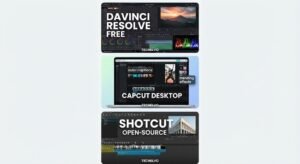 Best free video editing software comparison featuring DaVinci Resolve, CapCut Desktop, and Shotcut for creators on TechElvo