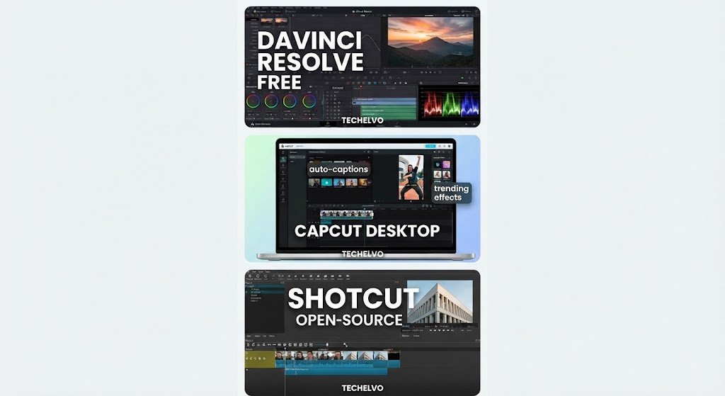 Best free video editing software comparison featuring DaVinci Resolve, CapCut Desktop, and Shotcut for creators on TechElvo