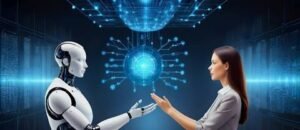 A human professional collaborating with an advanced AI assistant, showcasing digital data visualization and neural connections on TechElvo.
