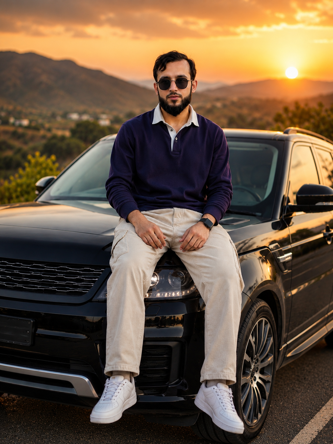 Golden Hour SUV Portrait: 85mm Cinematic DSLR Prompt